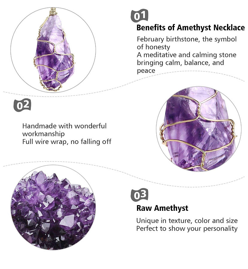 Full Wire Wrap Raw Amethyst Stone Pendant Necklace Natural Healing Chakra Crystals for Women