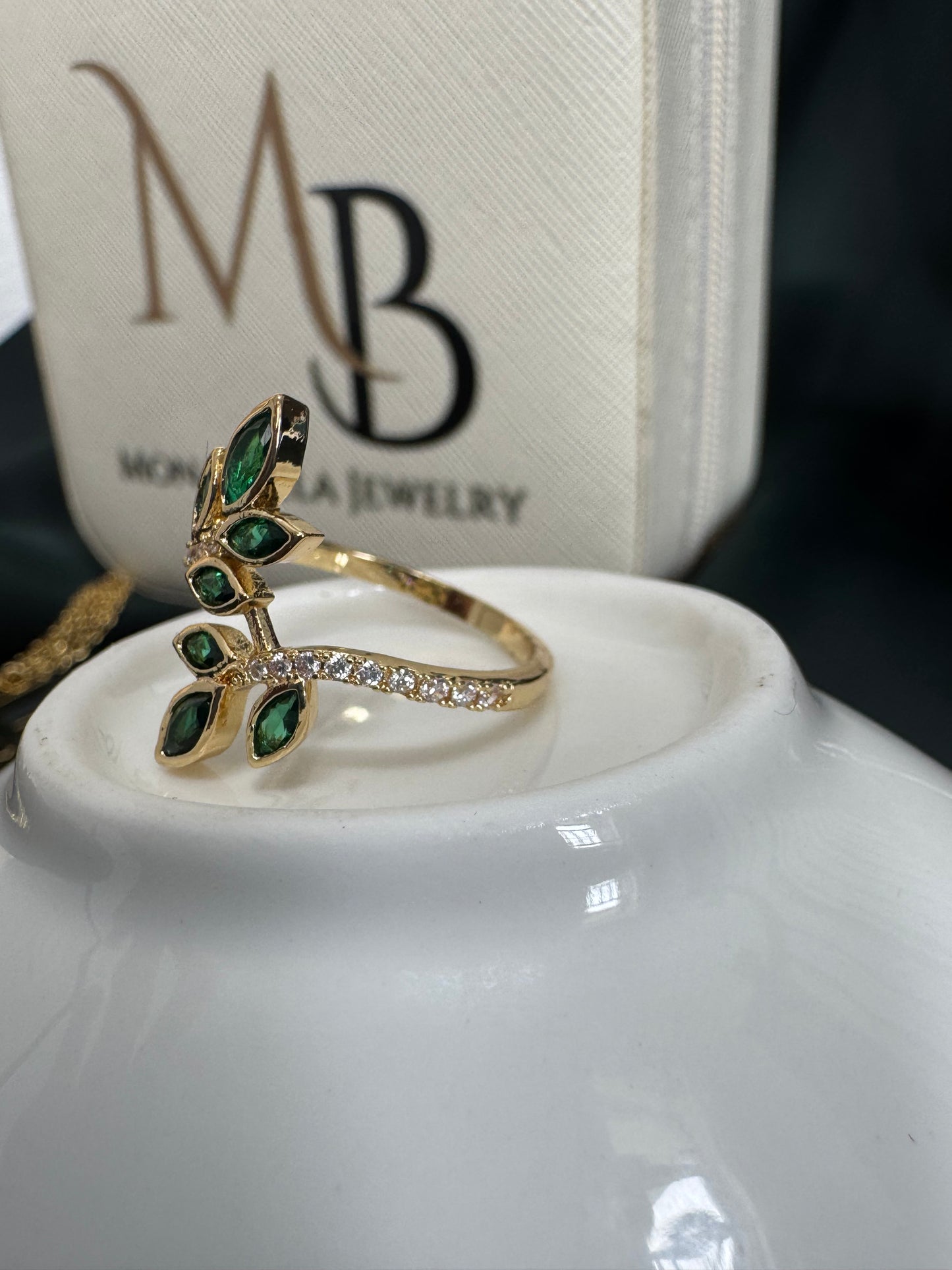Olive leaf ring with cubic zirconia