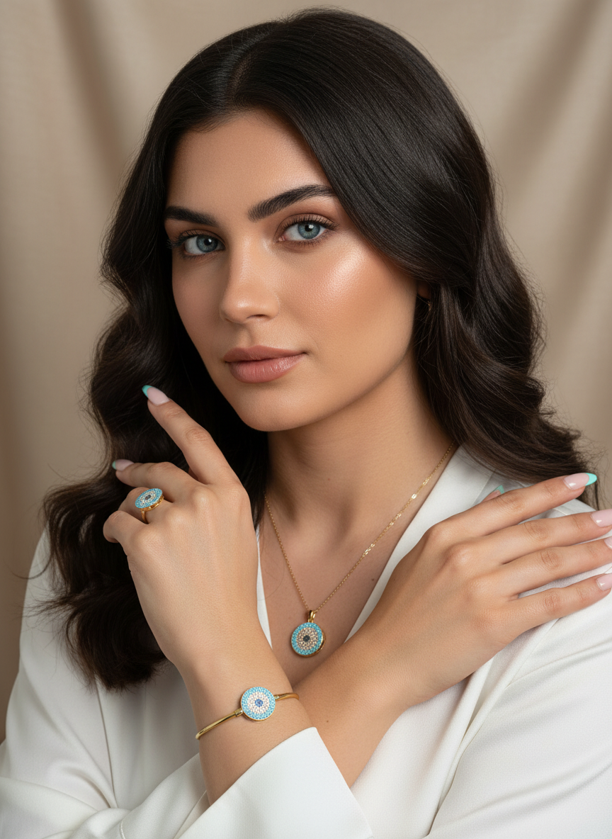Round eye cubic zirconia bracelet and ring set