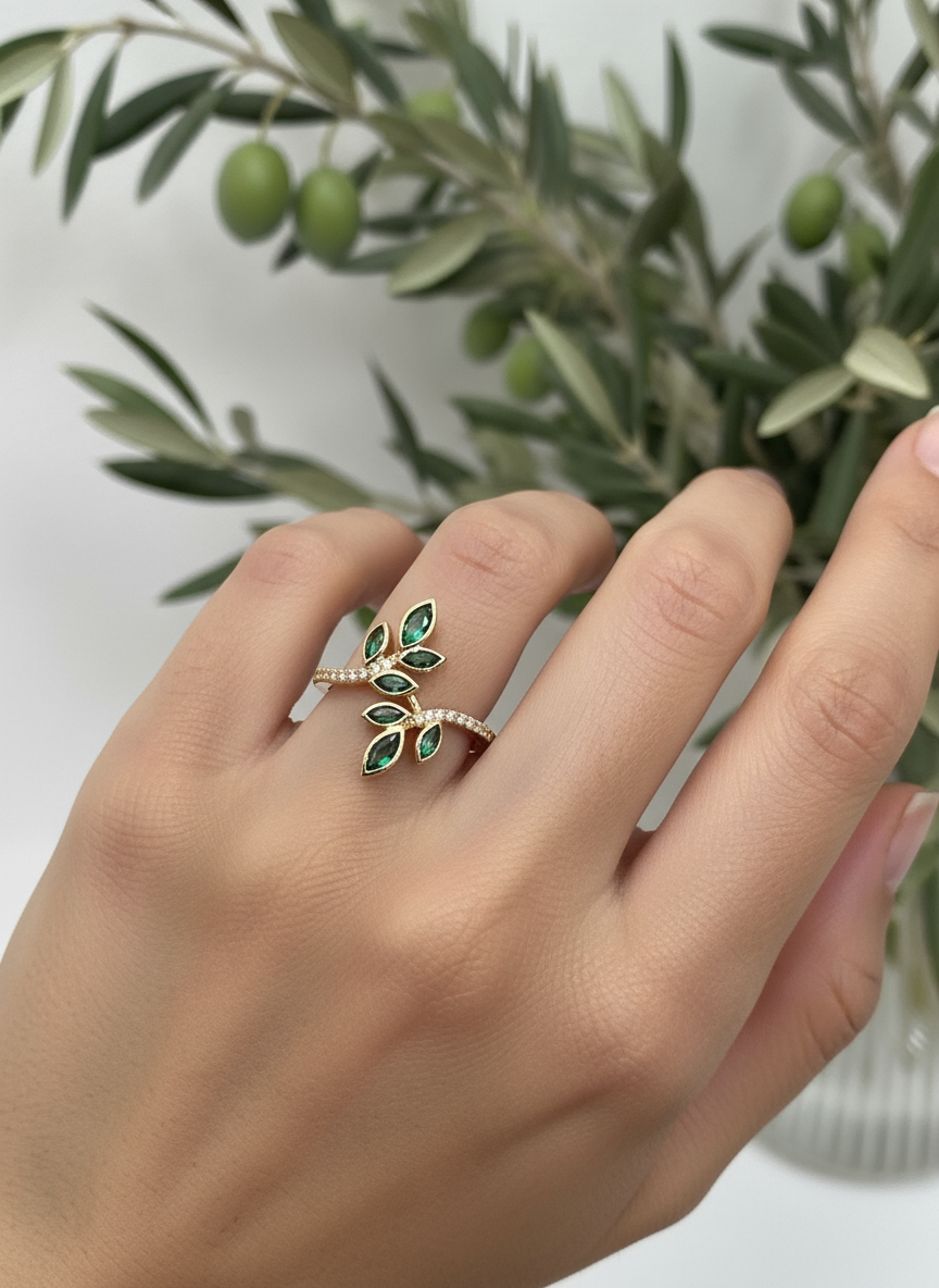 Olive leaf ring with cubic zirconia