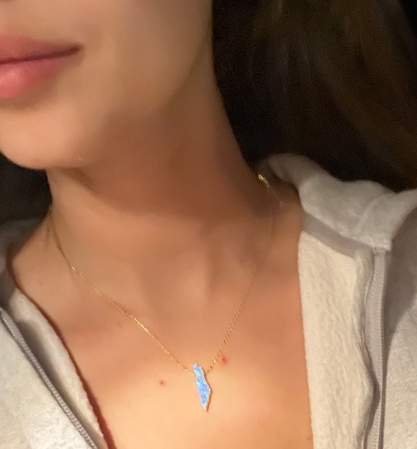 Blue Opal stone Palestine Map pendant necklace with sterling silver chain