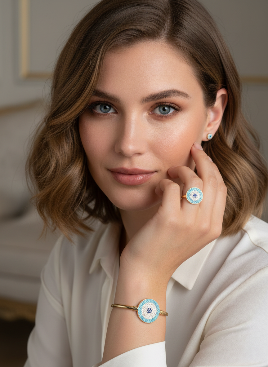 Round eye cubic zirconia bracelet and ring set