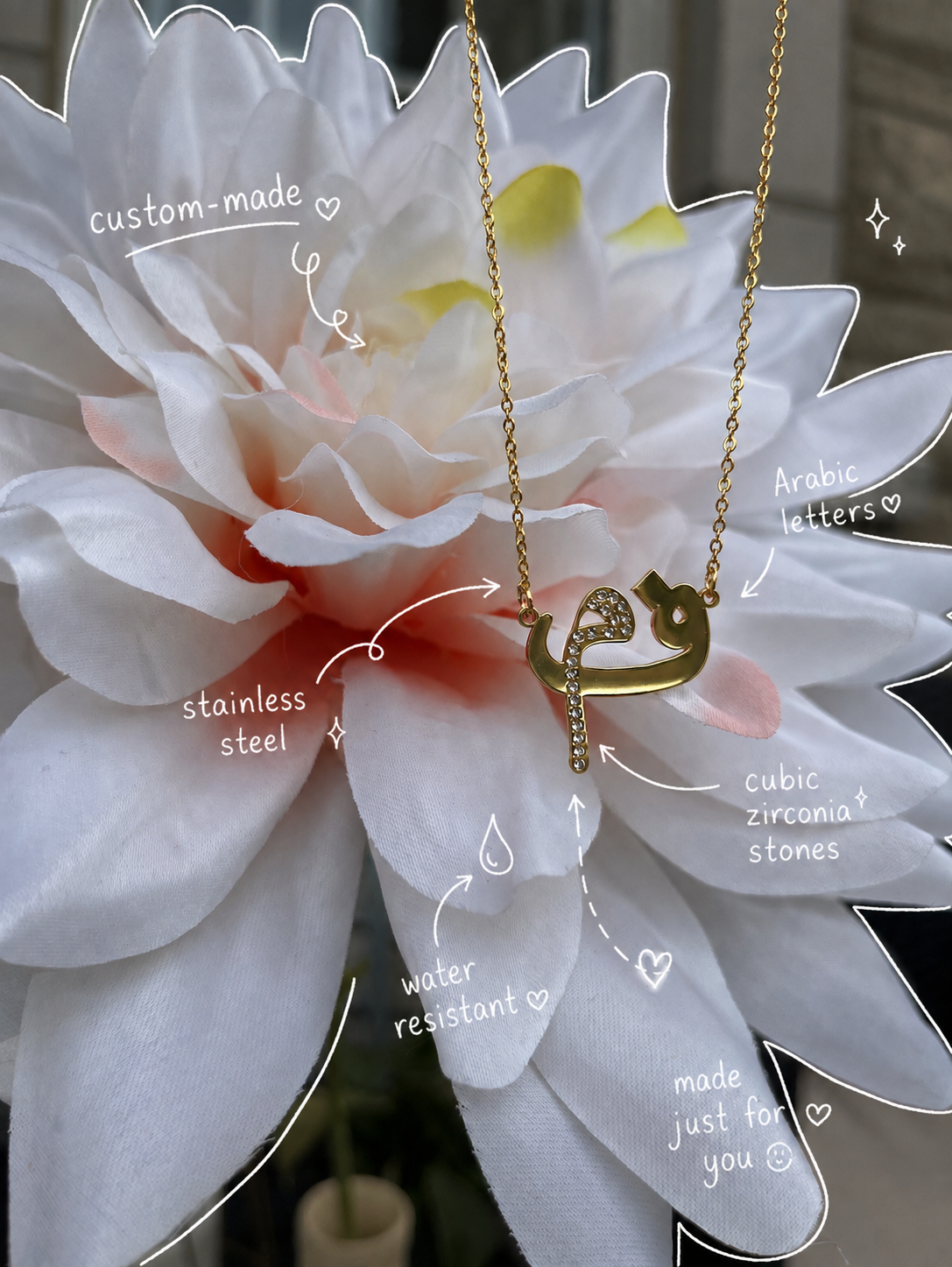 Two letter Arabic or English pendant with cubic zirconia stones