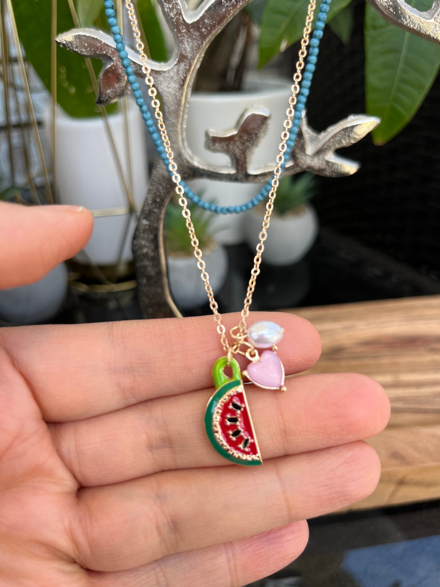 Watermelon double chain with charms