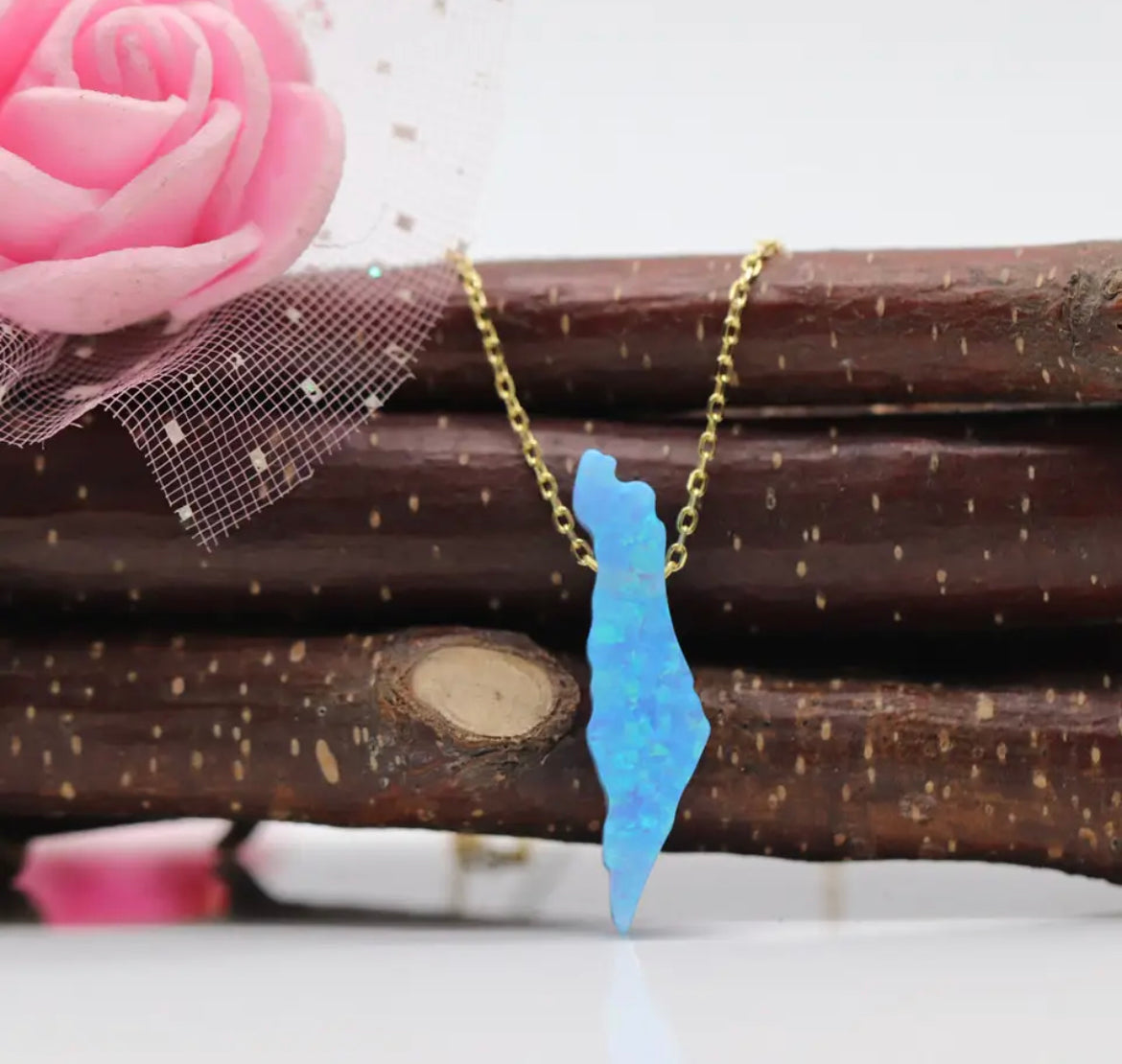 Blue Opal stone Palestine Map pendant necklace with sterling silver chain