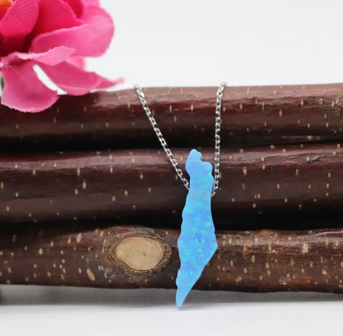 Blue Opal stone Palestine Map pendant necklace with sterling silver chain