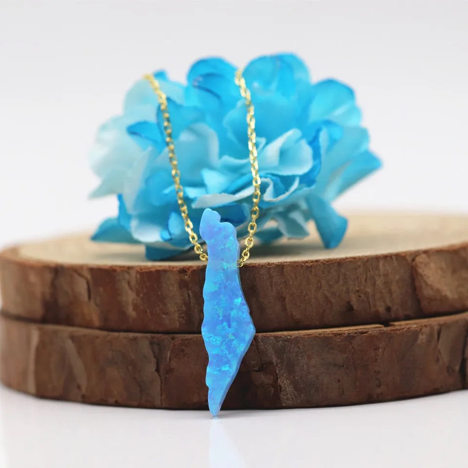 Blue Opal stone Palestine Map pendant necklace with sterling silver chain