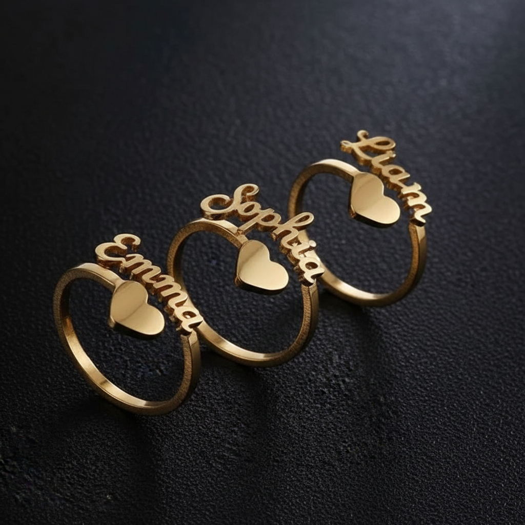 Solid sterling silver Arabic or English Gold name ring with heart