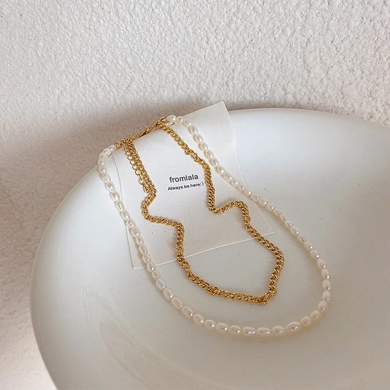 Double layered pearl and gold necklace & bracelet set