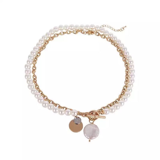 Coin drop layered necklace with pearls