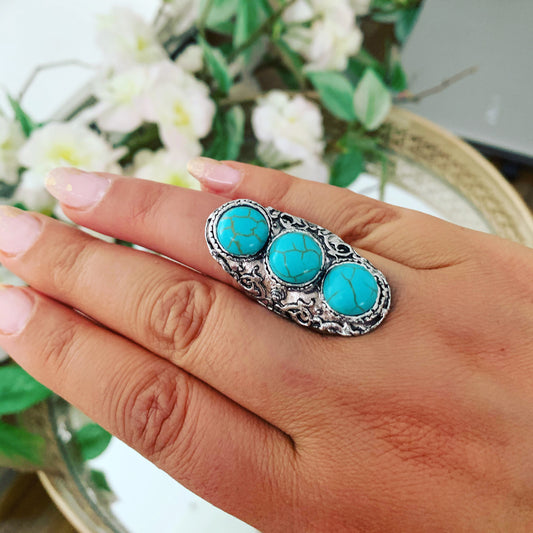 THREE TURQUOISE STONE SILVER RING