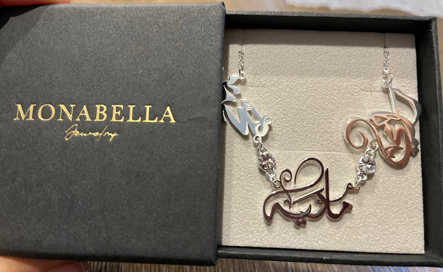 Arabic calligraphy multiple name necklace with crystals