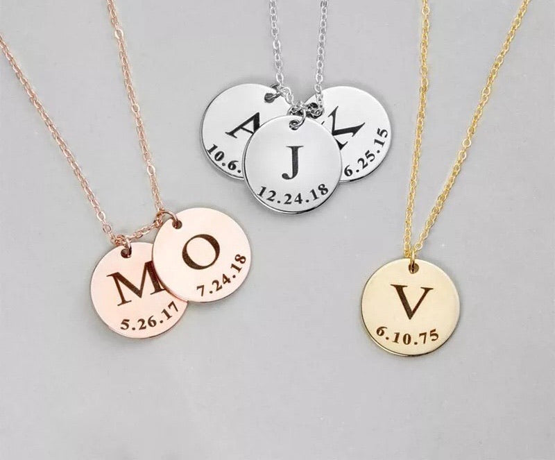 Engraved Initial birthdate coin necklaces
