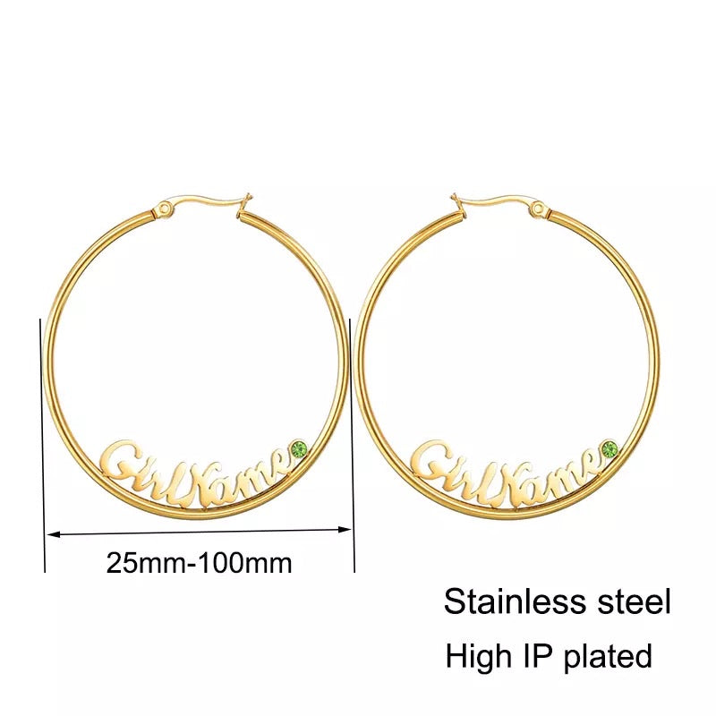 Hoop name earrings with birthstones