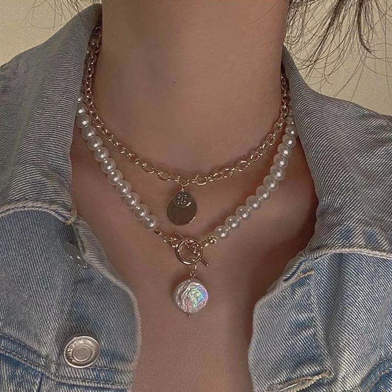 Coin drop layered necklace with pearls
