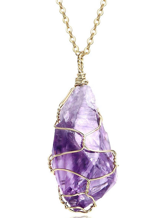 Full Wire Wrap Raw Amethyst Stone Pendant Necklace Natural Healing Chakra Crystals for Women