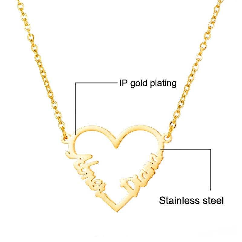 Double name heart shape necklace sterling