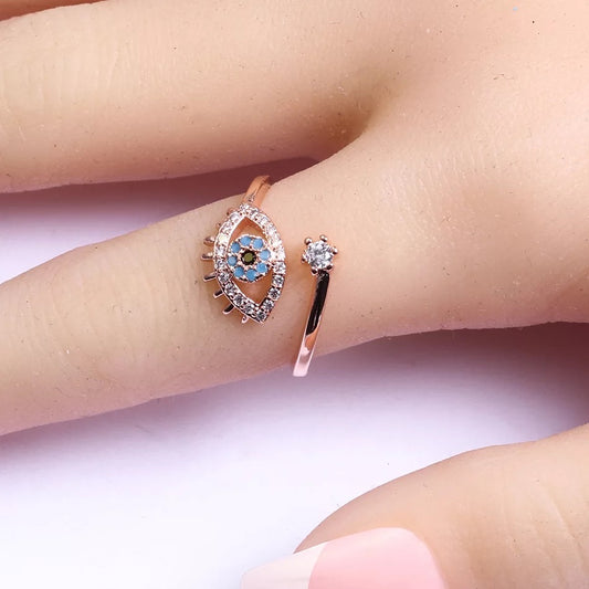 Pretty blue eye ring with cubic zirconia resizable
