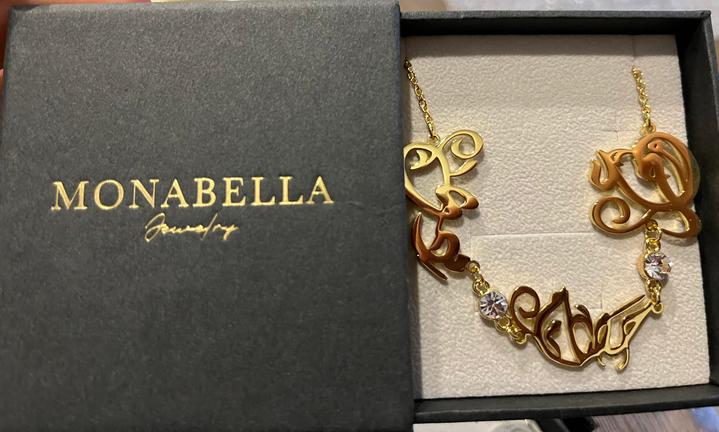Arabic calligraphy multiple name necklace with crystals
