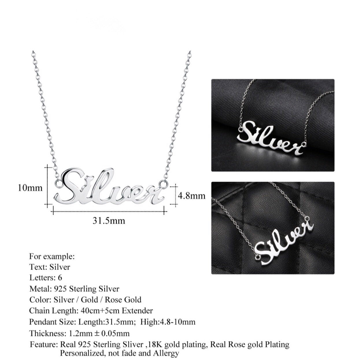 925 sterling silver name necklace in English or Arabic