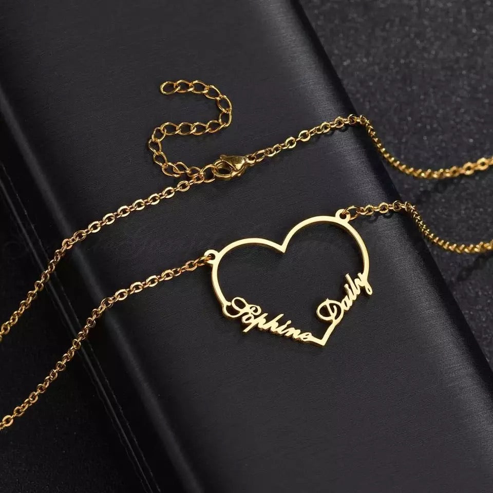 Double name heart shape necklace sterling