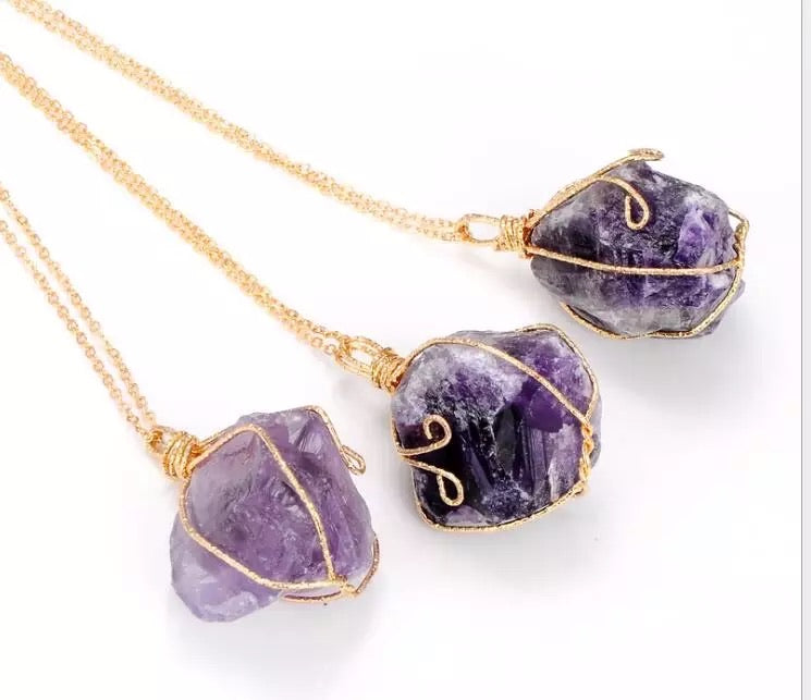 Full Wire Wrap Raw Amethyst Stone Pendant Necklace Natural Healing Chakra Crystals for Women