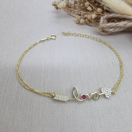 Love arrow bracelet with cubic zirconia sterling silver real gold plated