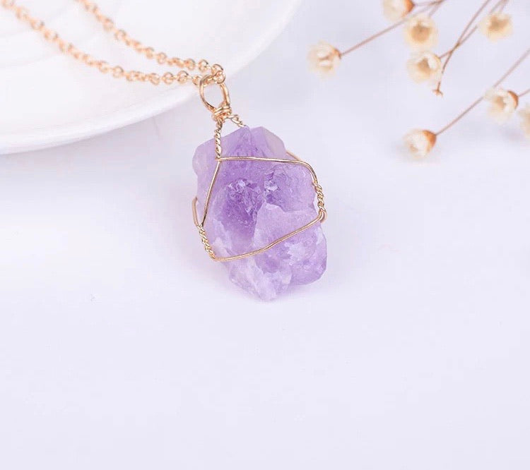 Full Wire Wrap Raw Amethyst Stone Pendant Necklace Natural Healing Chakra Crystals for Women