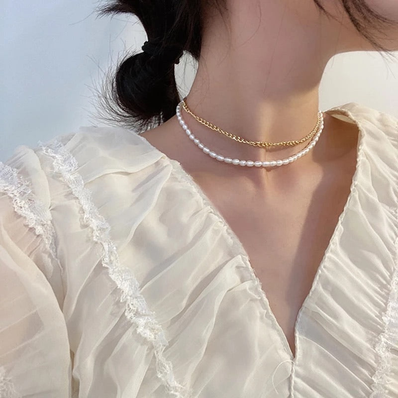 Double layered pearl and gold necklace & bracelet set