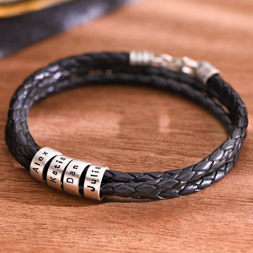 Men’s woven leather bracelet with  personalized engraving
