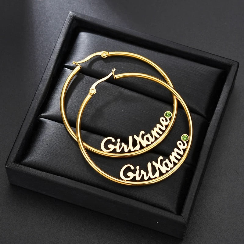 Hoop name earrings with birthstones