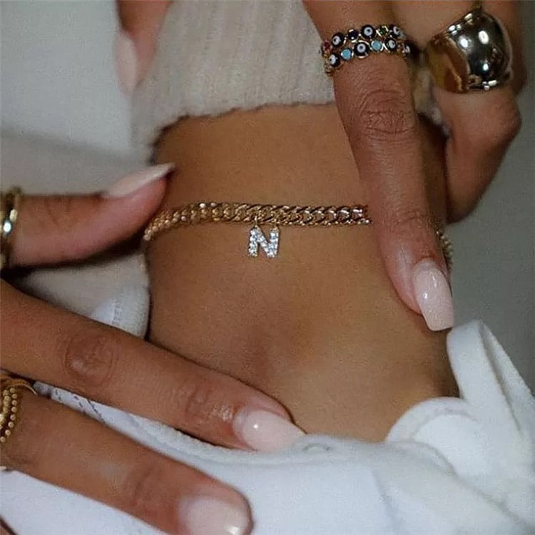 Thick chain Anklet with iced initial cubic zirconia