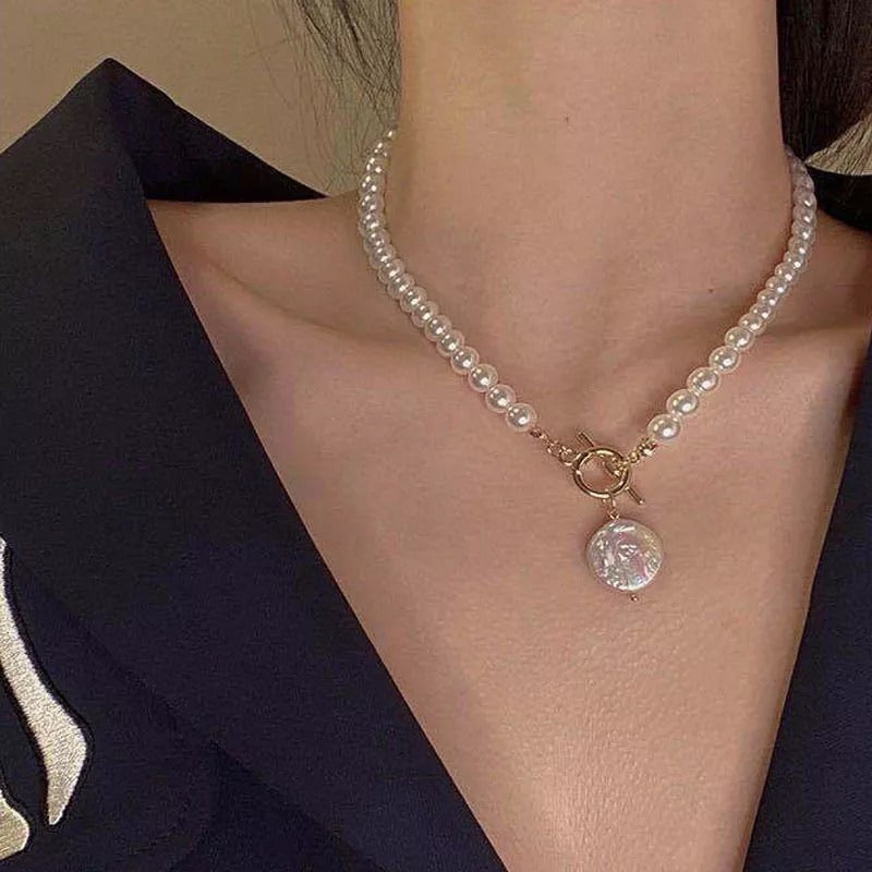 Coin drop layered necklace with pearls