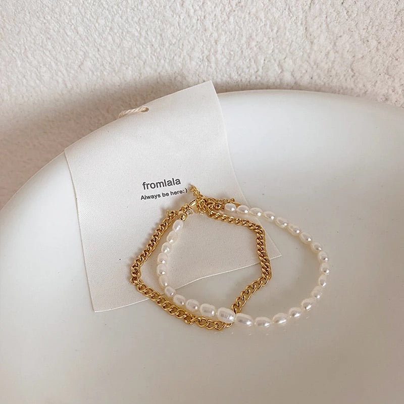 Double layered pearl and gold necklace & bracelet set