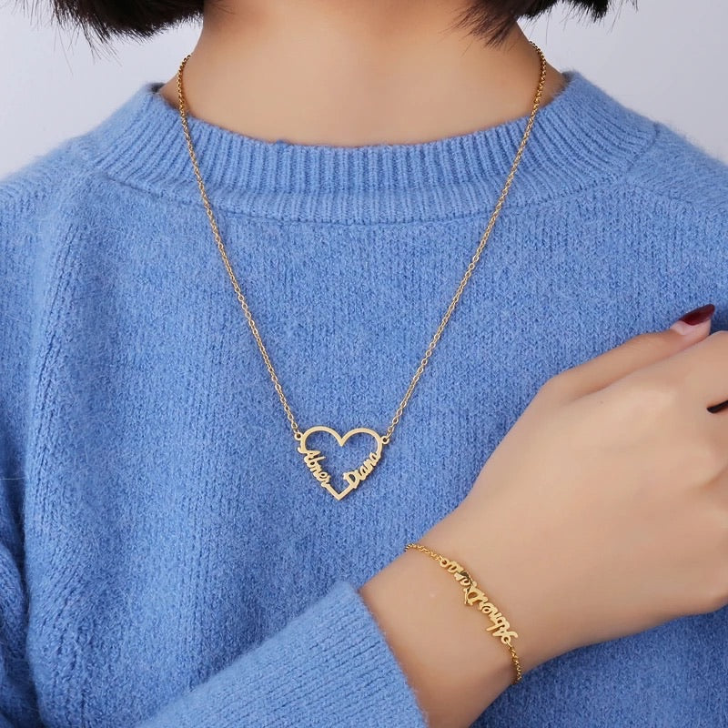 Double name heart shape necklace sterling