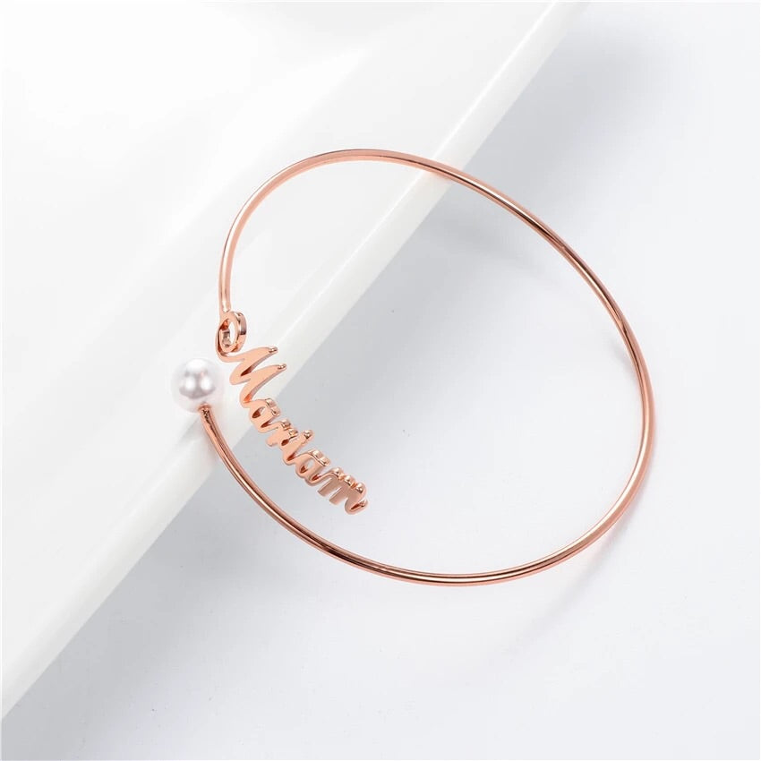 Arabic or English name custom bangle bracelet with pearl