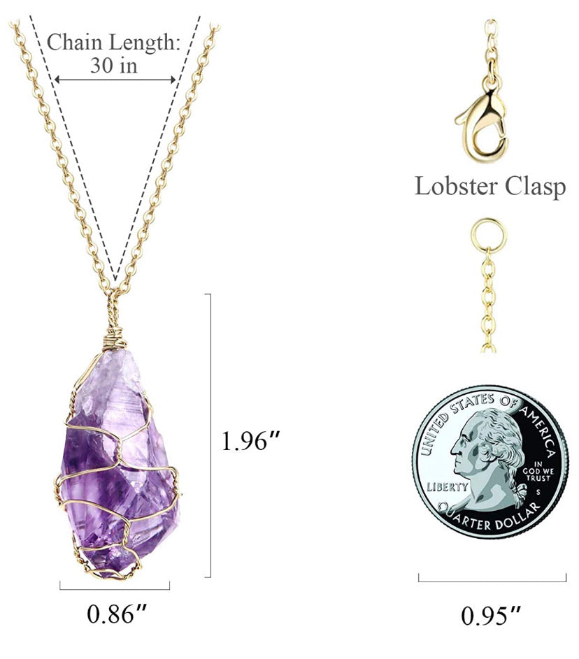 Full Wire Wrap Raw Amethyst Stone Pendant Necklace Natural Healing Chakra Crystals for Women