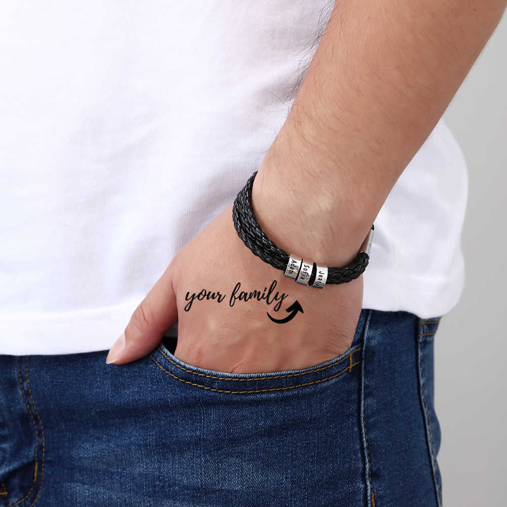 Men’s woven leather bracelet with  personalized engraving