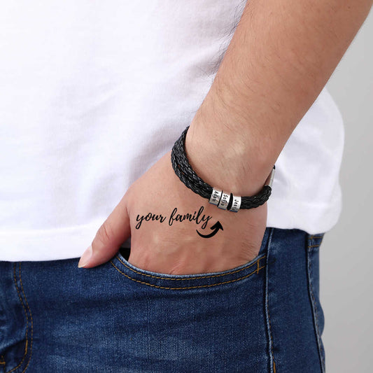 Men’s woven leather bracelet with  personalized engraving