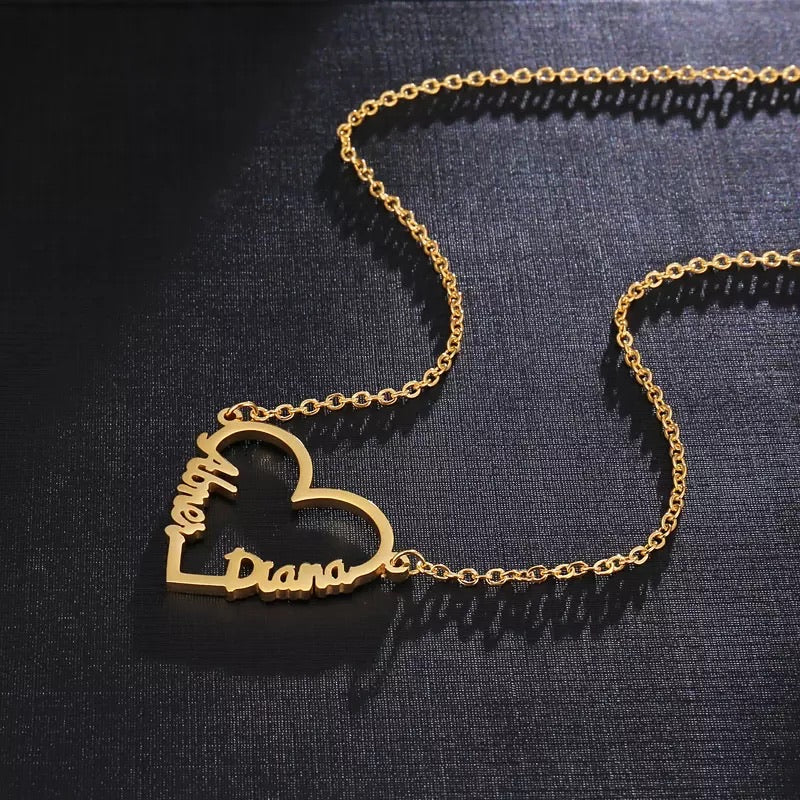 Double name heart shape necklace sterling