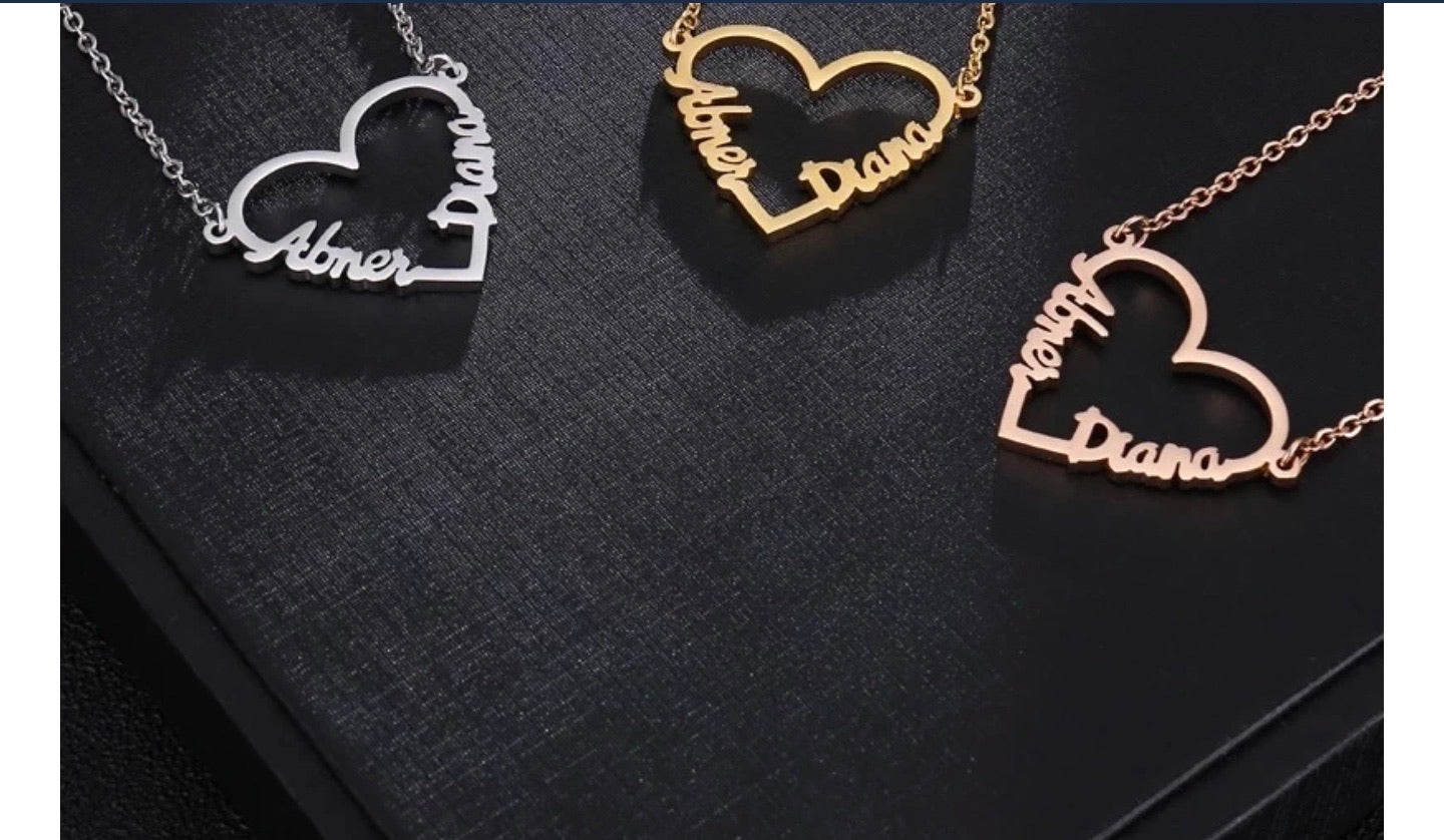 Double name heart shape necklace sterling