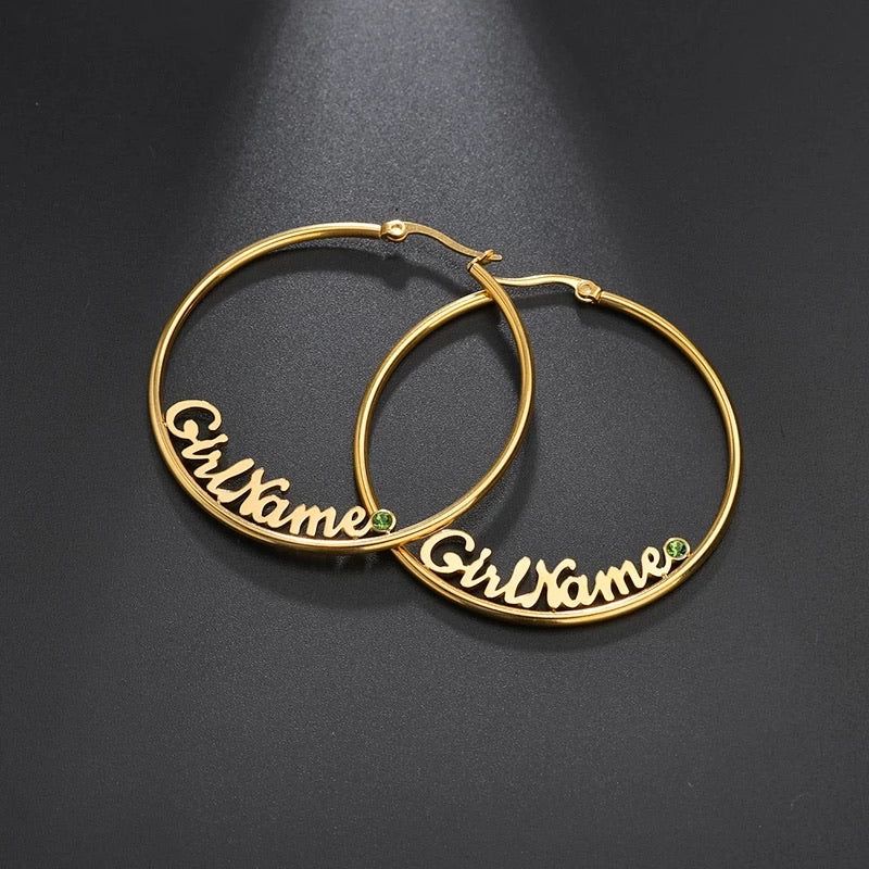 Hoop name earrings with birthstones