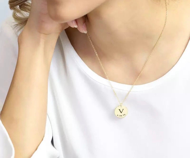 Engraved Initial birthdate coin necklaces