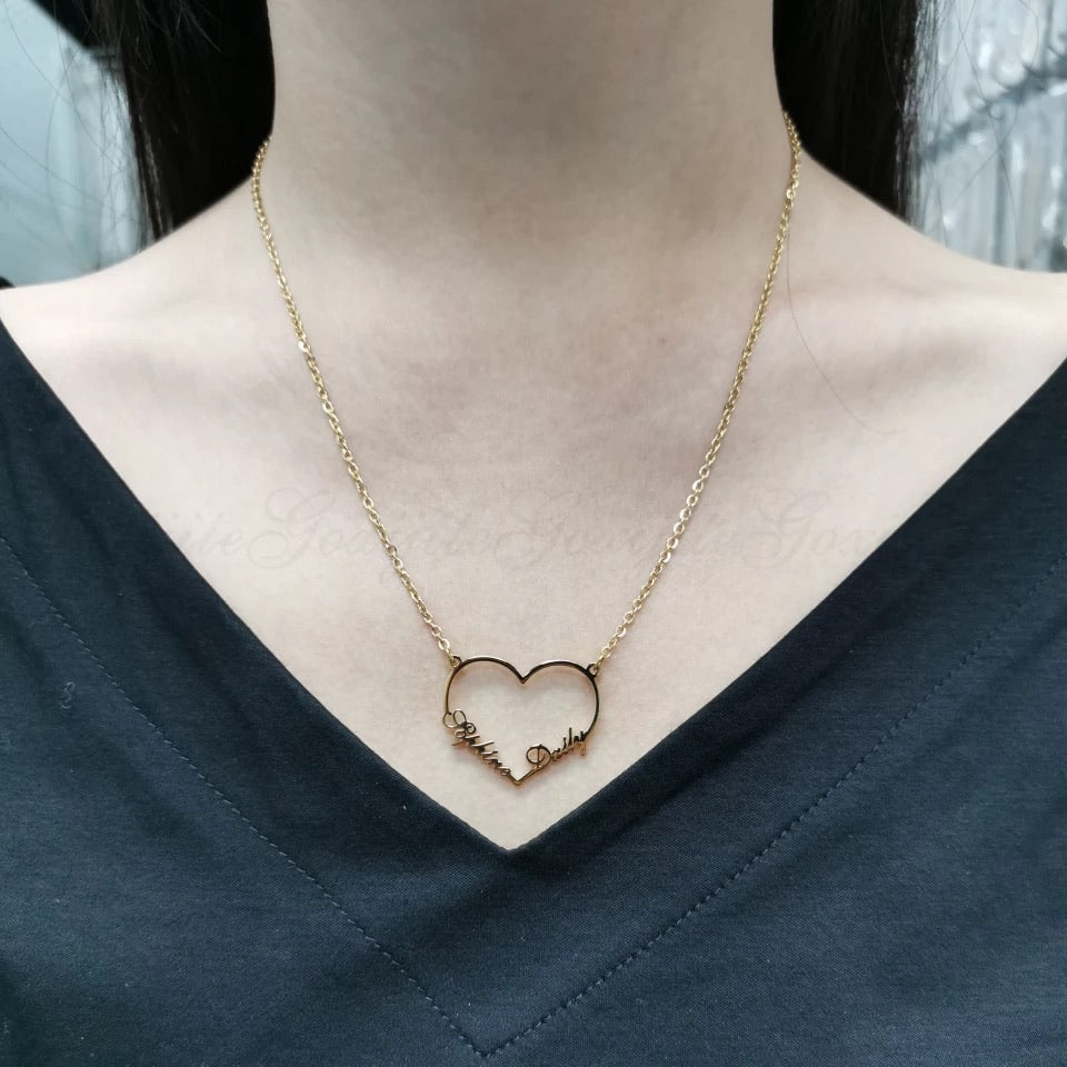 Double name heart shape necklace sterling